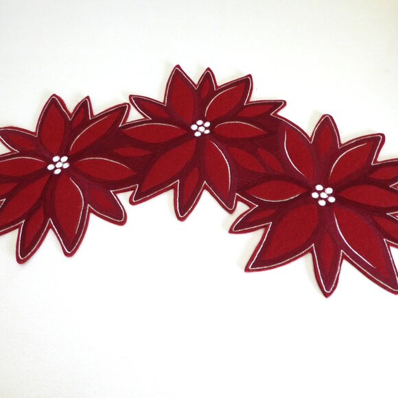 NEW 29” CHRISTMAS POINSETTIA EMBROIDERED WOOL TABLE RUNNER MAT CENTERPIECE - Picture 10 of 10